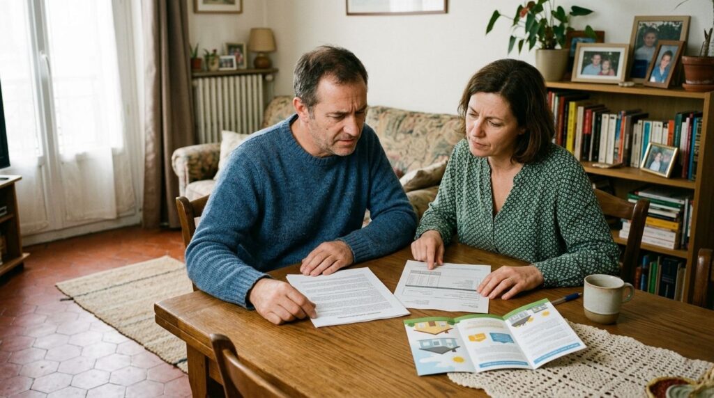 Un couple examine avec méfiance un devis de rénovation énergétique et un contrat de crédit posés sur la table du salon, à