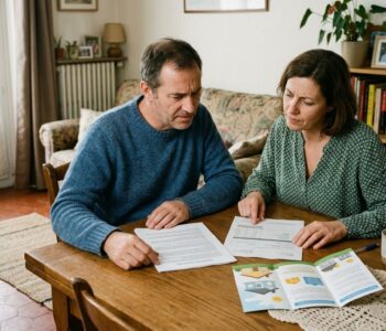 Un couple examine avec méfiance un devis de rénovation énergétique et un contrat de crédit posés sur la table du salon, à