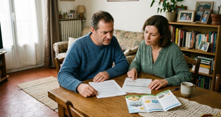Un couple examine avec méfiance un devis de rénovation énergétique et un contrat de crédit posés sur la table du salon, à
