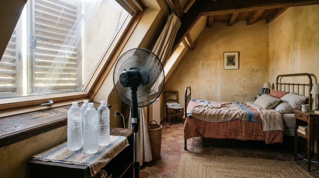 Un ventilateur sur pied dirigé vers des bouteilles d'eau gelées posées devant une fenêtre calfeutrée avec un panneau de