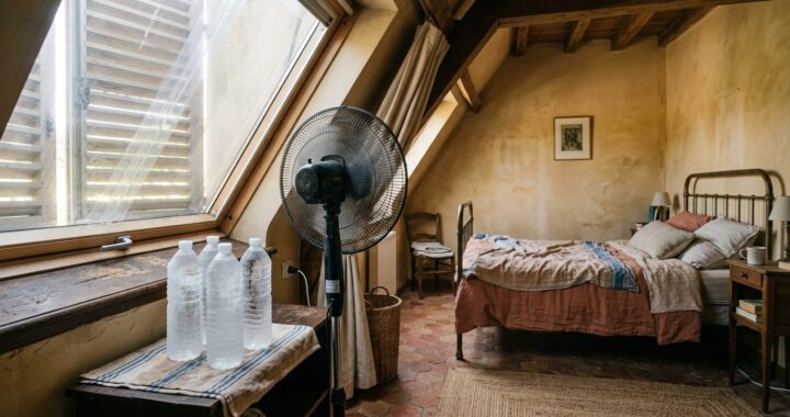 Un ventilateur sur pied dirigé vers des bouteilles d'eau gelées posées devant une fenêtre calfeutrée avec un panneau de