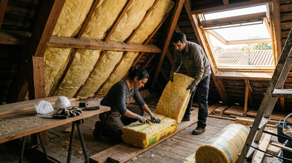 Un couple dans des combles en cours d'isolation, rouleaux de laine de verre entamés, masque et gants posés à côté, lucarne