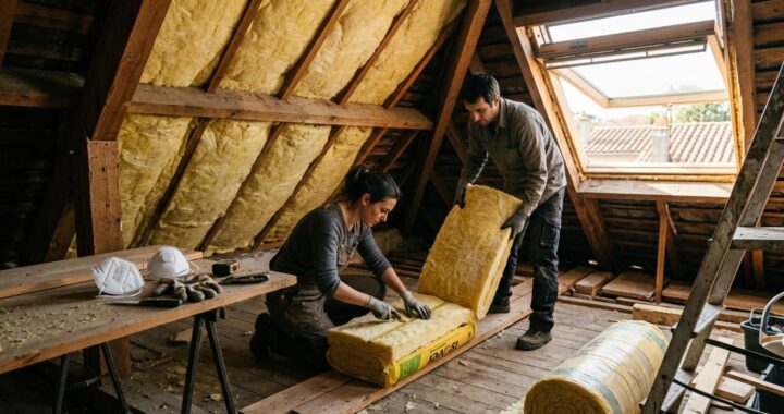 Un couple dans des combles en cours d'isolation, rouleaux de laine de verre entamés, masque et gants posés à côté, lucarne