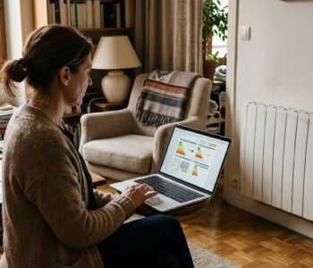 Un propriétaire consulte sur son ordinateur l'attestation DPE téléchargée depuis le site de l'ADEME, avec en arrière-plan un