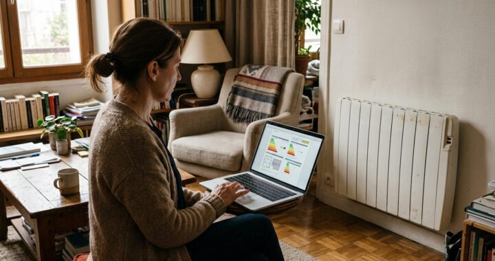 Un propriétaire consulte sur son ordinateur l'attestation DPE téléchargée depuis le site de l'ADEME, avec en arrière-plan un