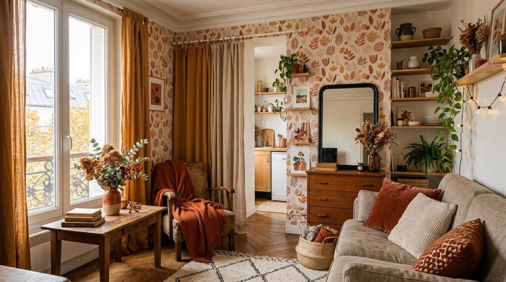 Une scène illustrant : Studio locataire : 9 astuces déco sans percer ni peindre pour l’automne 2026 (papier repositionnable